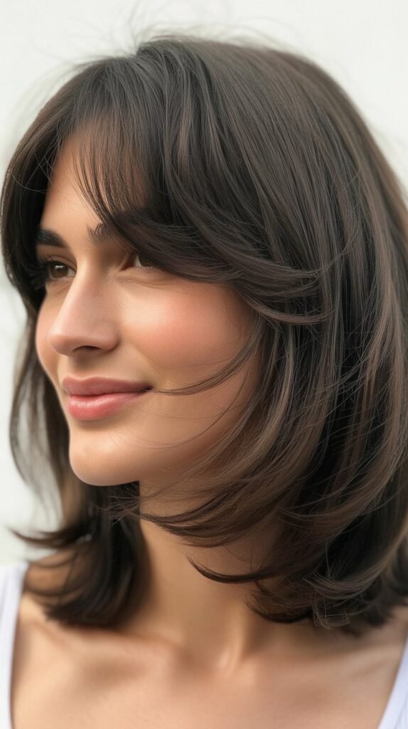 Textured Layered Lob with Curtain Bangs