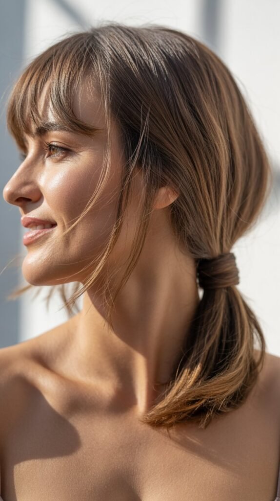 Low Ponytail Wrap with Wispy Bangs