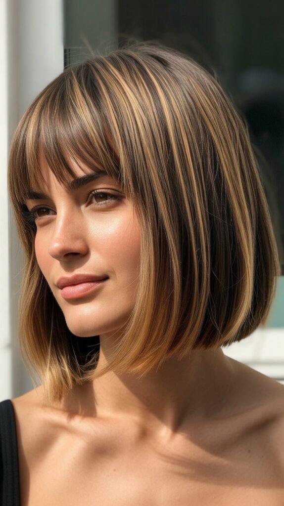 French Bob With Piecey Bangs And Highlights