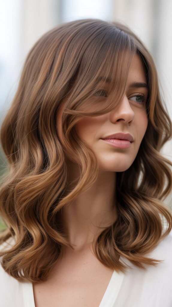 Shoulder-Length Waves with Side-Swept Bangs