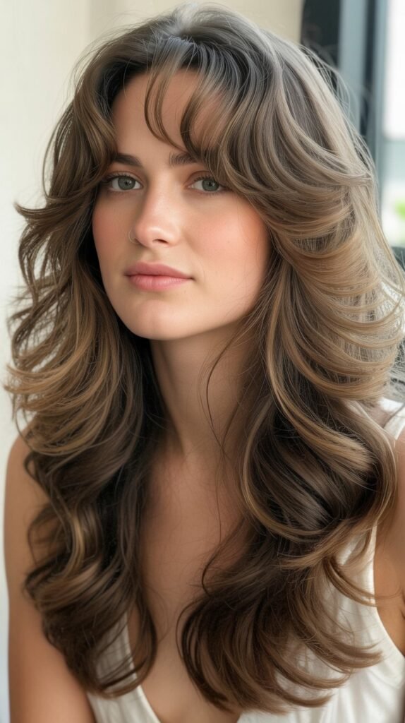Long Cascading Layers with Curtain Bangs