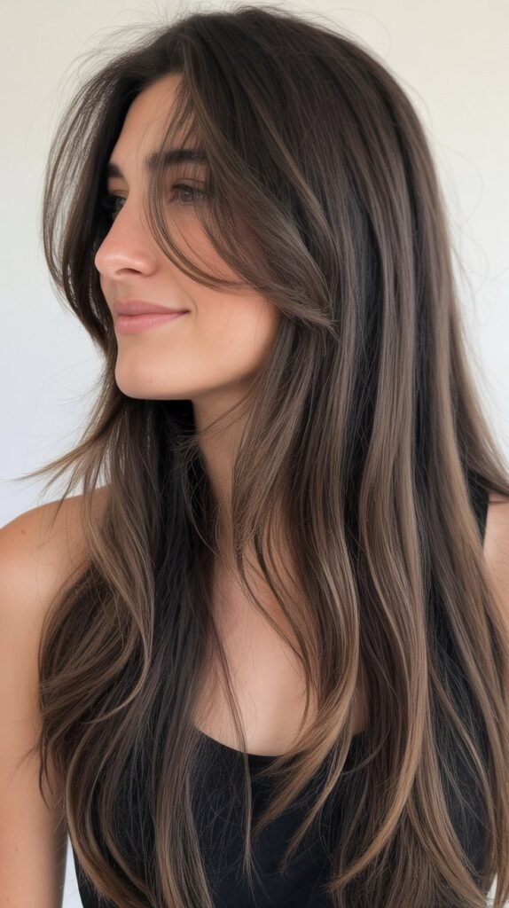 Long Layers with Side-Swept Micro Bangs