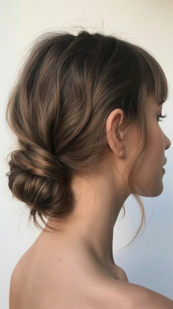 Twisted Low Bun with Micro Bangs