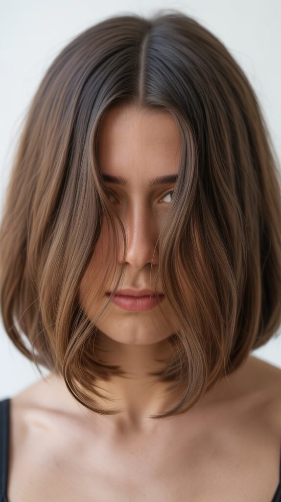 Long Bob With Curtain Layers and Center Part