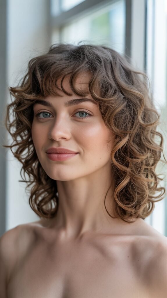 Curly Medium Length with Full Bangs