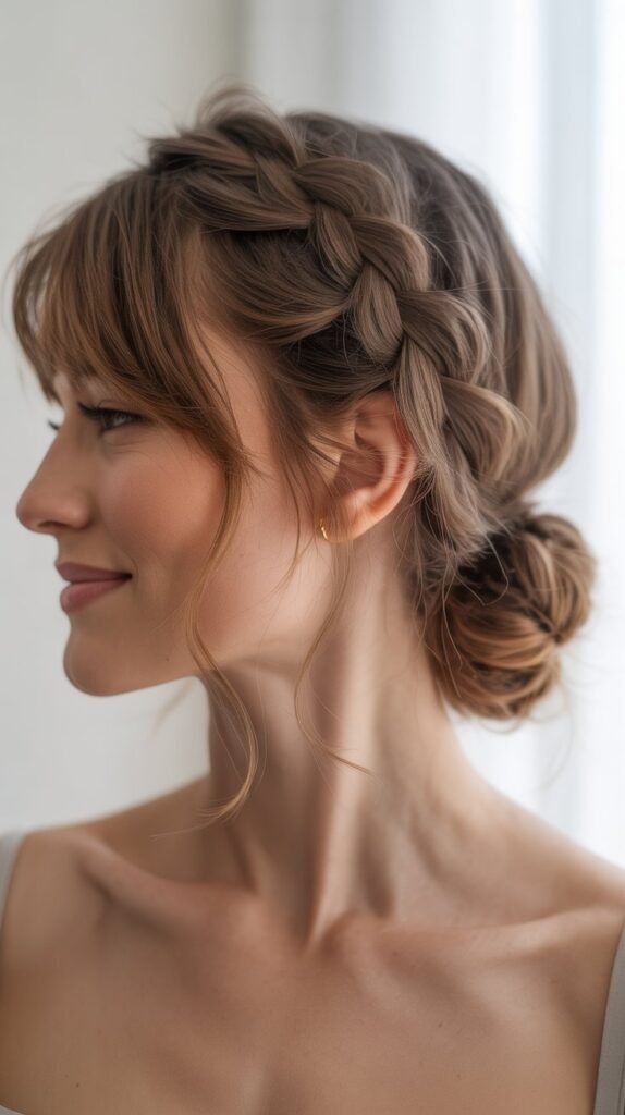 Braided Low Side Bun with Long Side Bangs
