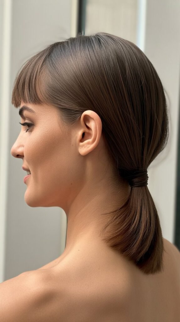 Sleek Ponytail Updo with Micro Bangs
