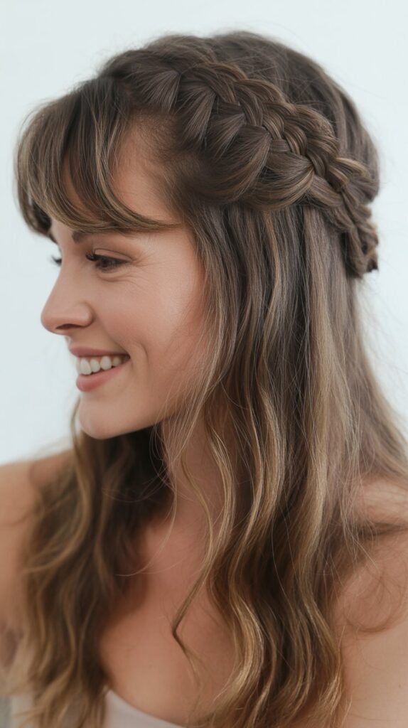 Half-Up Braided Crown with Long Side Bangs