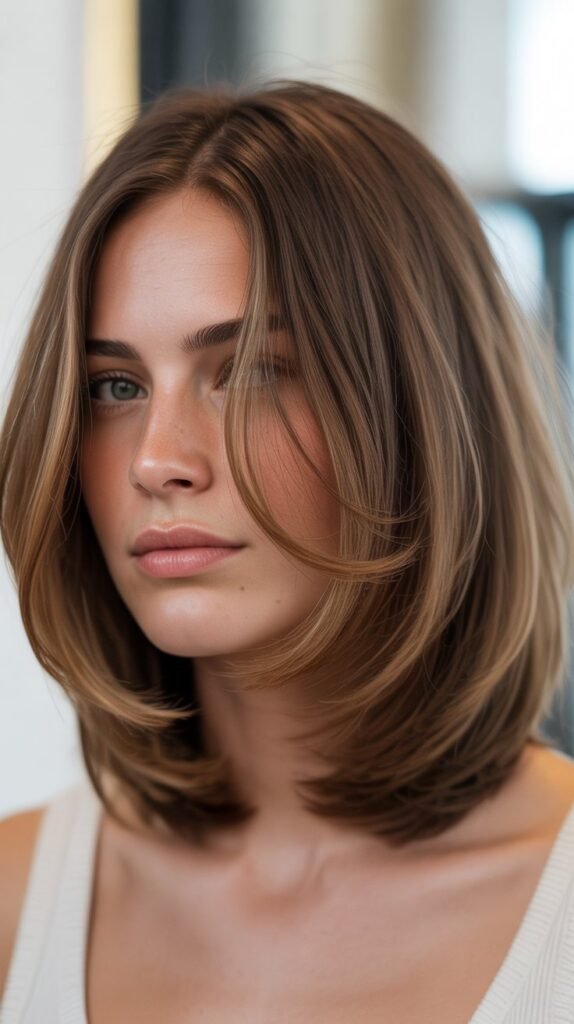 Long Layered Bob for Round Faces