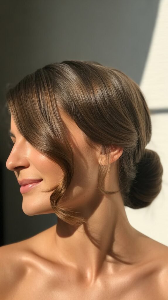 Side-Swept Low Chignon with Long Side Bangs