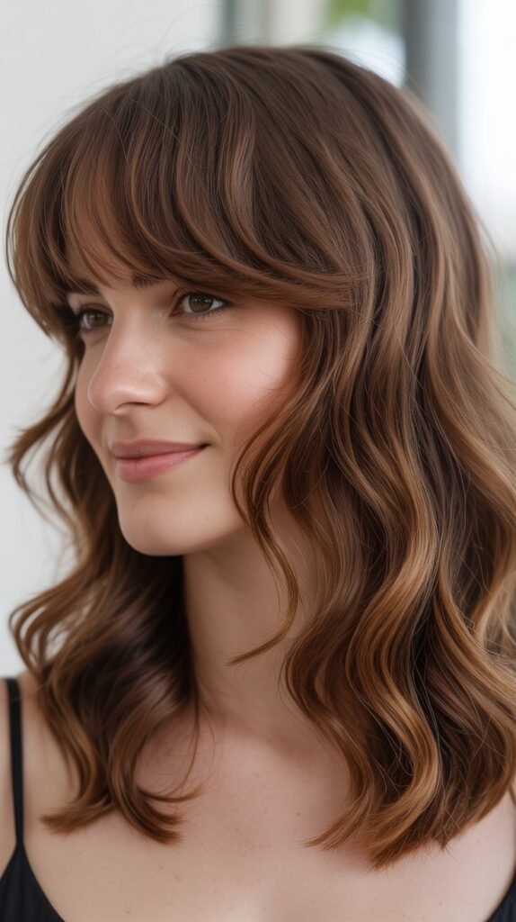 Wavy Medium Hair with Full Side-Swept Bangs