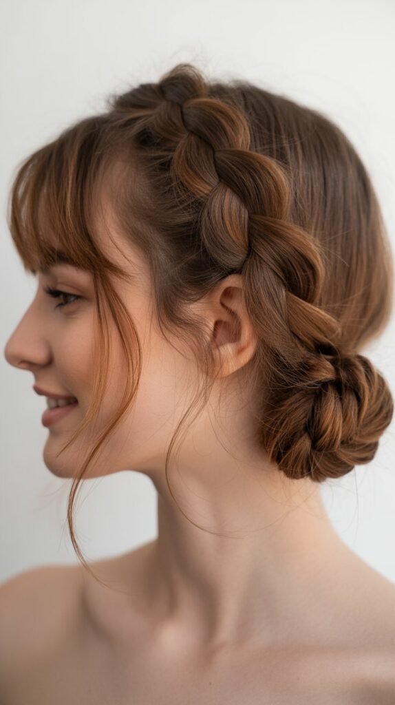 French Braid Bun with Baby Bangs