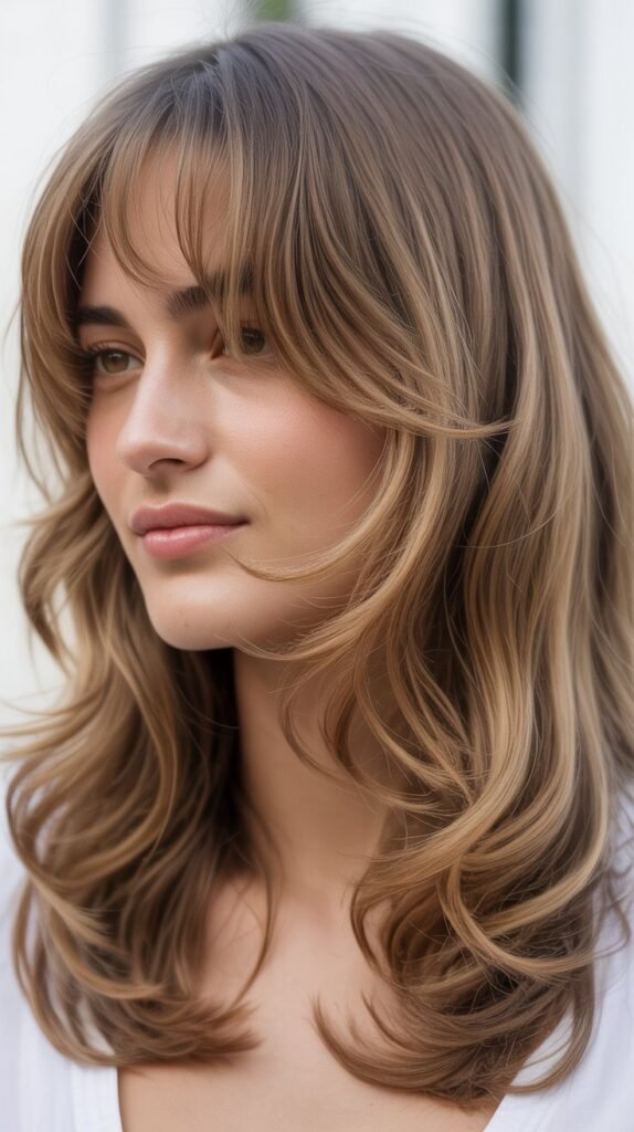 Layered Waves with Wispy Curtain Bangs