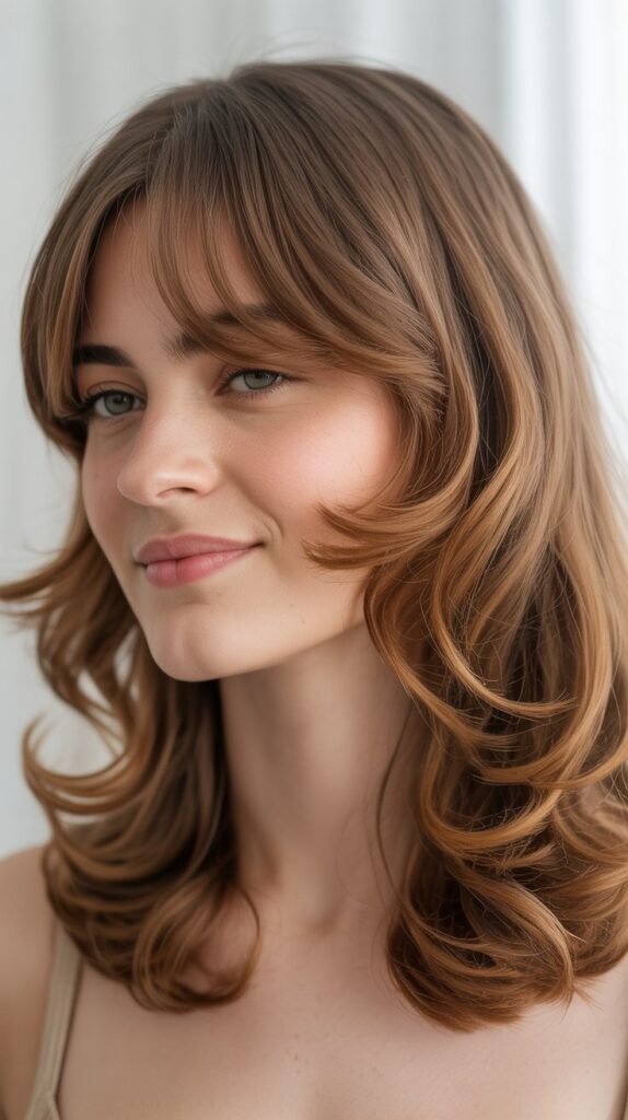 Long Curtain Bangs With C-Curl Layers