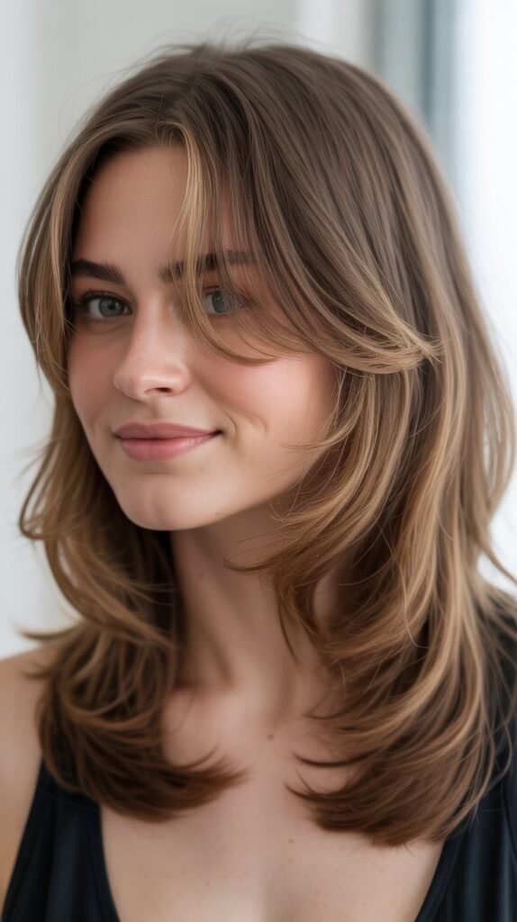 Layered Midi Cut with Elongated Curtain Bangs