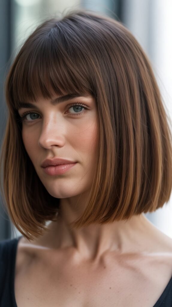 Rounded Lob with Heavy Straight Bangs