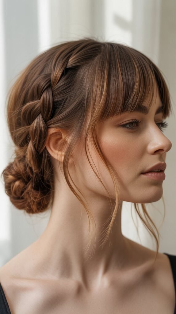 Braided Low Bun with Asymmetrical Bangs