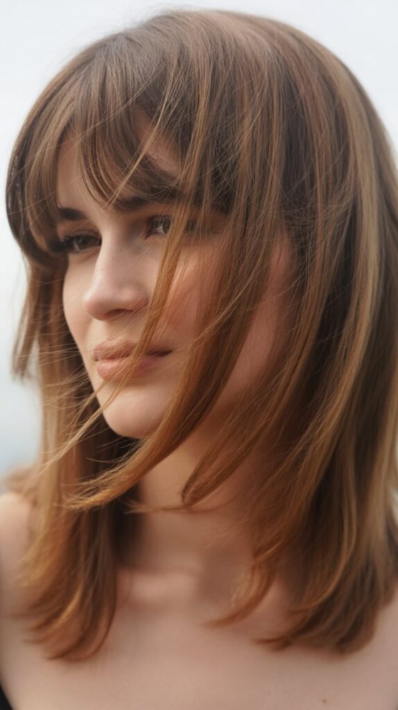 Long Swooping Bangs with Medium Layered Hair