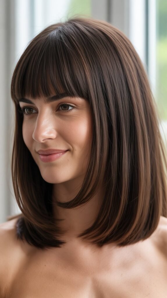  Full Bangs with Medium Straight Hair