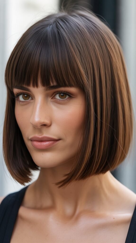 Sleek French Bob With Blunt Bangs And Middle Part
