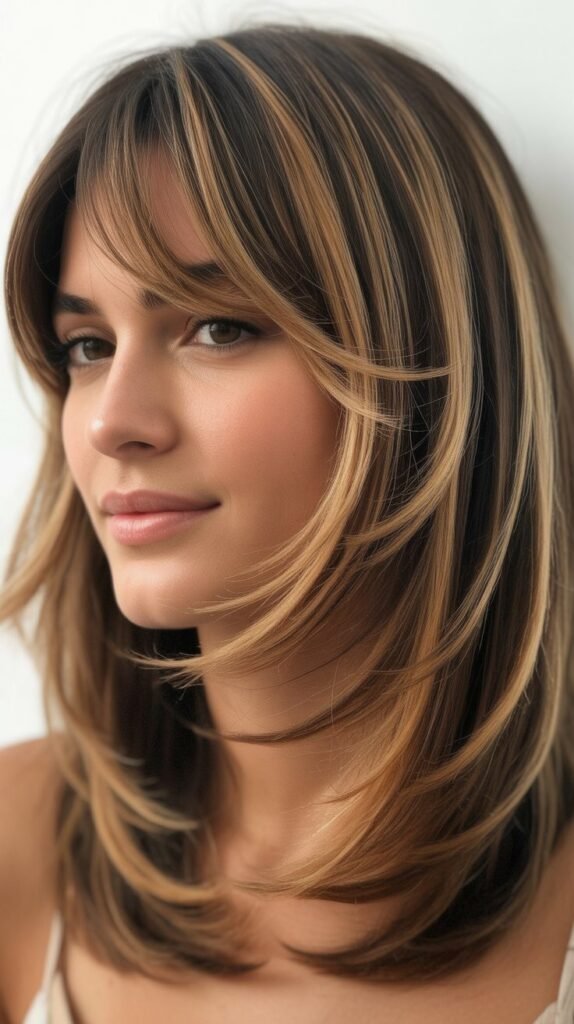 Layered Curtain Bangs With Dimensional Color