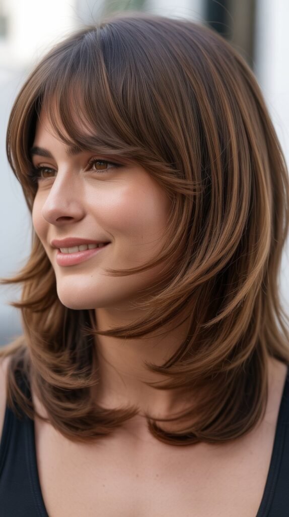 Angled Bangs with Medium Layered Cut