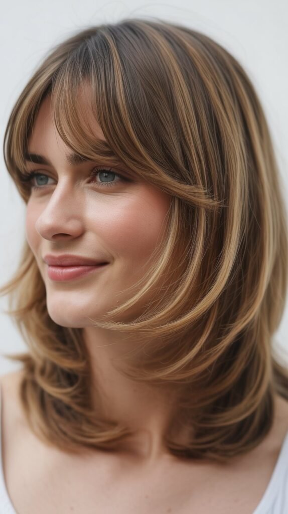 Medium Layers with Blended Curtain Bangs