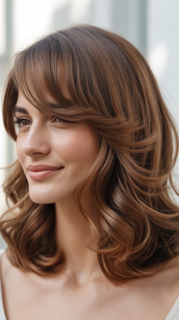 Side-Swept Bangs with Wavy Medium Layers
