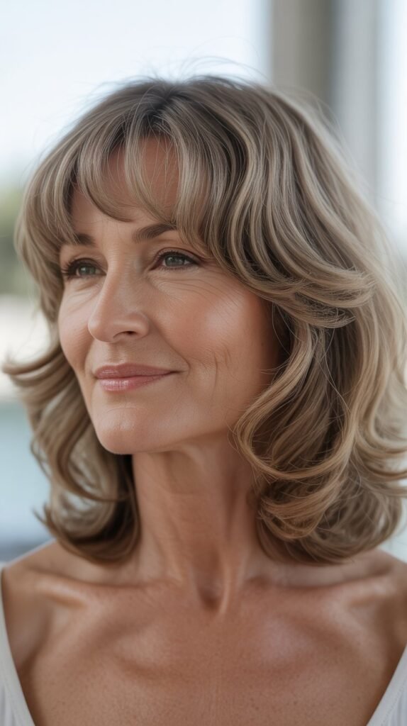 Wispy Curtain Bangs with Medium Beachy Waves