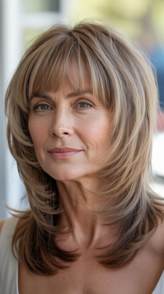 Feathered Full Bangs with Layered Medium Cut