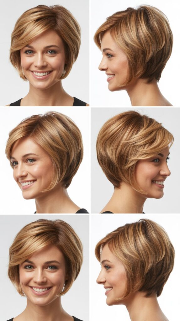 Stacked Bob with Feathered Sides and Angled Bangs