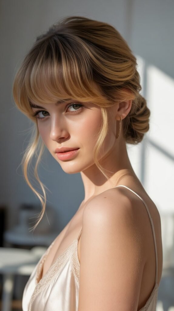 Rolled Side Updo with Asymmetrical Bangs