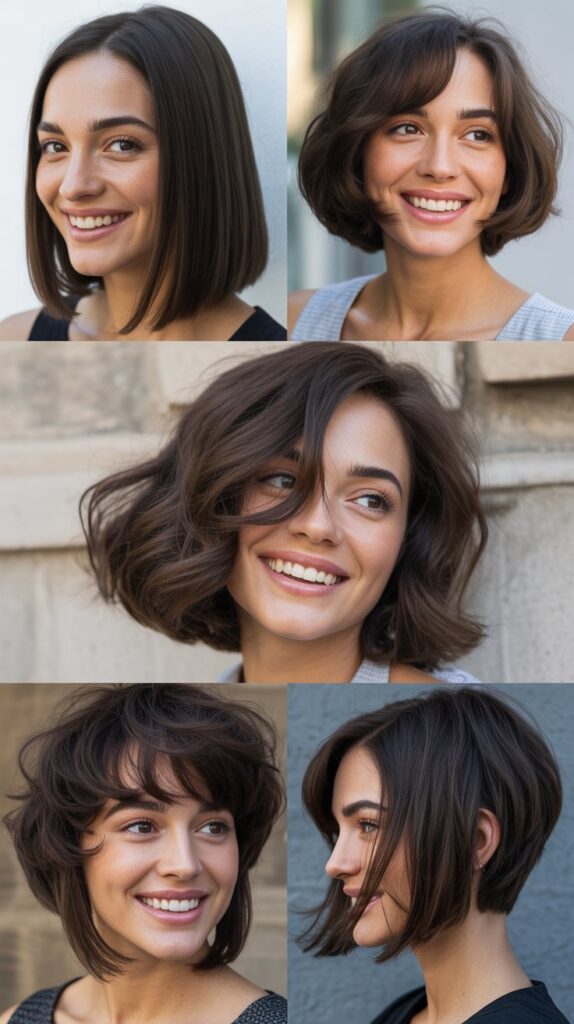 25 Stylish Mid-Length Hairstyles with Layers and Bangs That Look Expensive 11 Sleek Lob with Asymmetrical Bangs