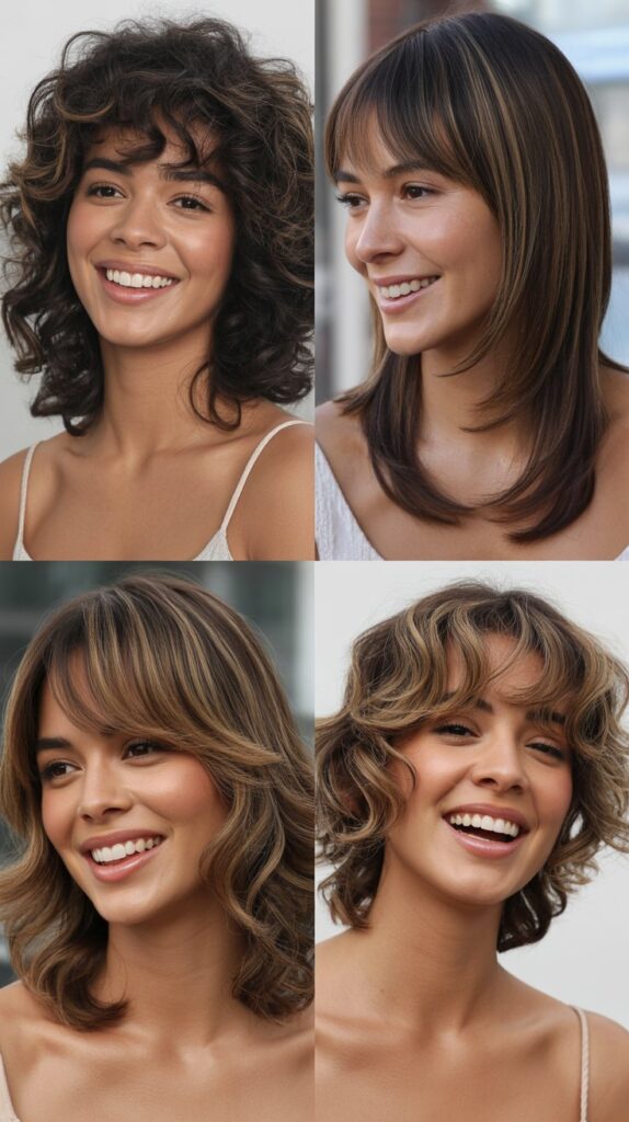 25 Stylish Mid-Length Hairstyles with Layers and Bangs That Look Expensive 4 Feathered Layers with Side-Swept Bangs