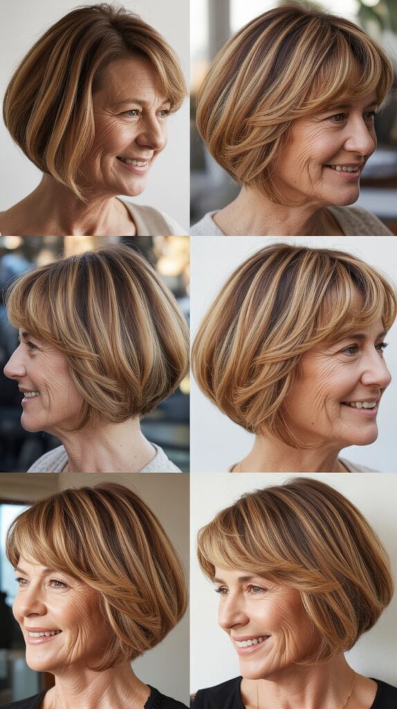 41 Modern Sassy Medium-Length Hairstyles for Older Women to Try Now 20 Stacked Bob with Balayage Ombre