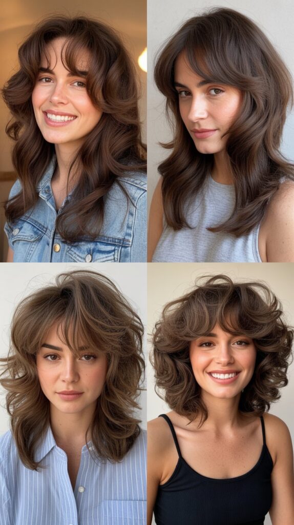 25 Stylish Mid-Length Hairstyles with Layers and Bangs That Look Expensive 12 Voluminous Layers with Wispy Bangs