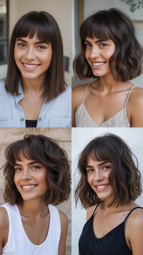 25 Stylish Mid-Length Hairstyles with Layers and Bangs That Look Expensive 3 Blunt Cut Lob with Baby Bangs