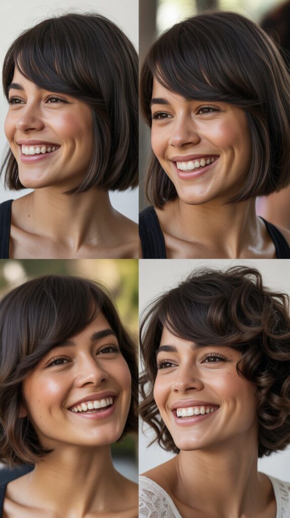 25 Stylish Mid-Length Hairstyles with Layers and Bangs That Look Expensive 20 Angled Bob with Side-Swept Fringe