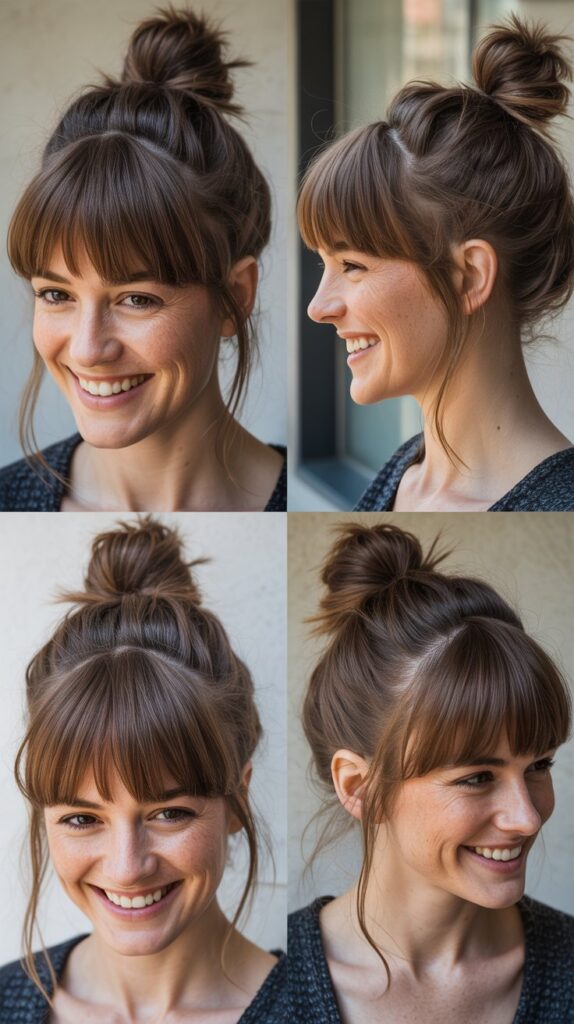 Messy Top Knot with Blunt Bangs