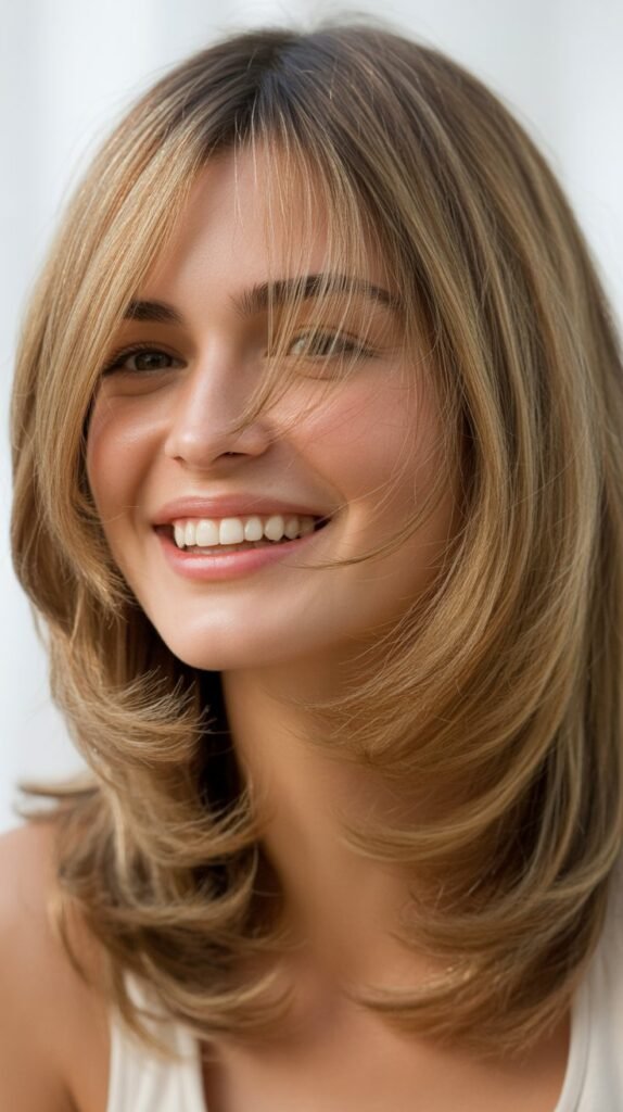 Layered Medium Hair with Face-Framing Curtain Bangs