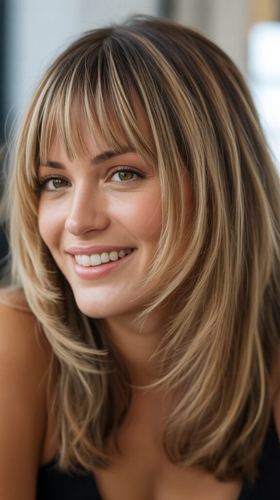 Medium Shag with Curtain Bangs and Highlights