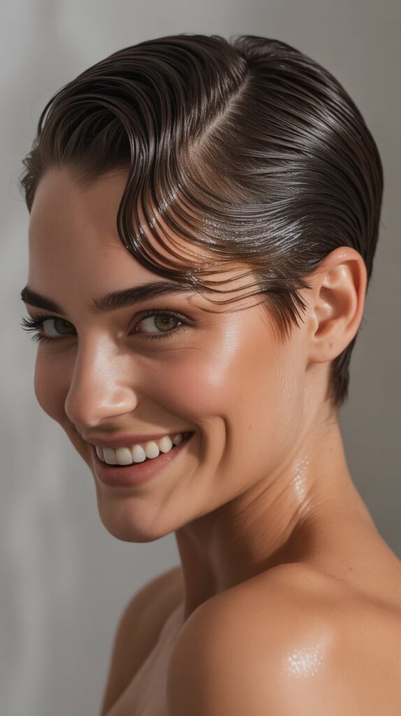 a smiling woman hairstyles natual Slicked-Back Pixie with High Shine