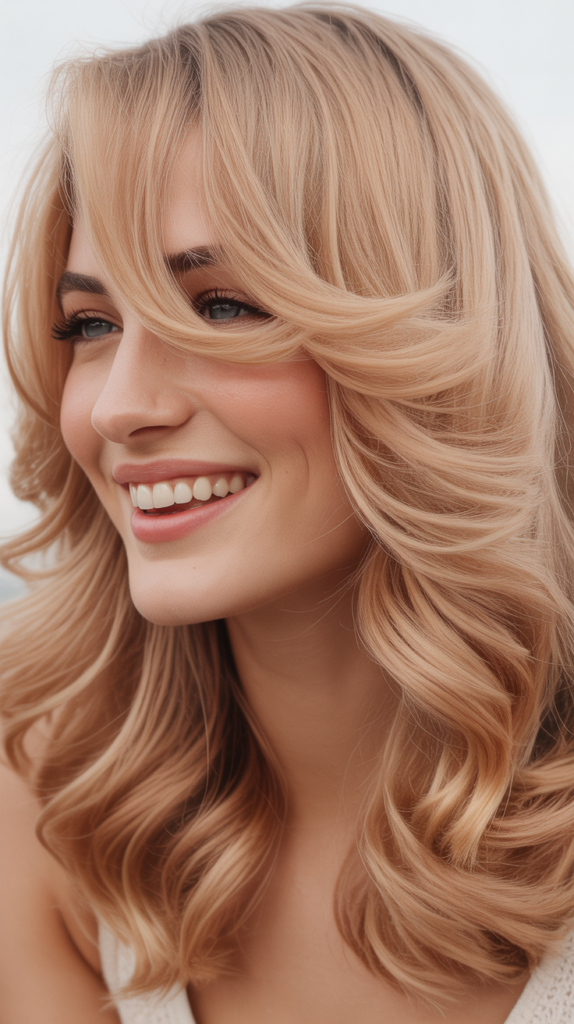 Curved Fringe with Champagne Rose Blonde Waves