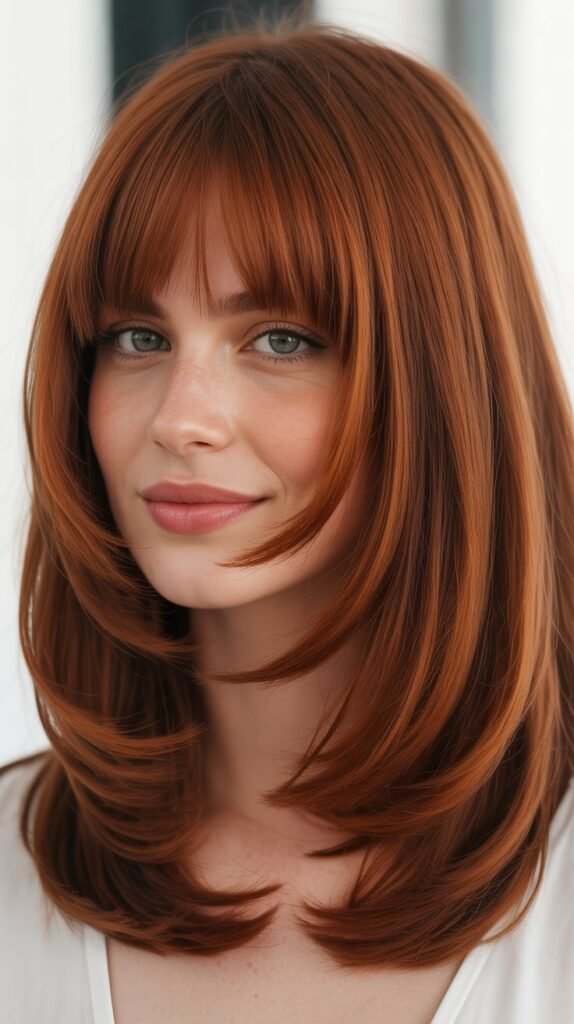 Auburn Medium Hair with Curtain Bangs