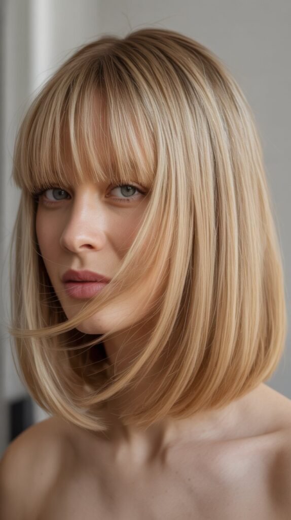Straight Lob with Asymmetrical Bangs