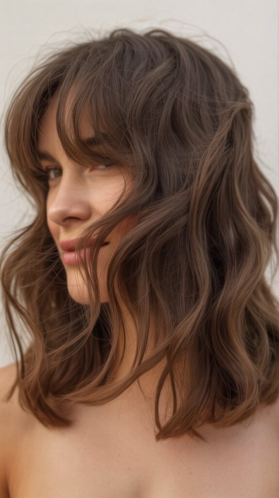 Asymmetric Curtain Bangs With Tousled Waves