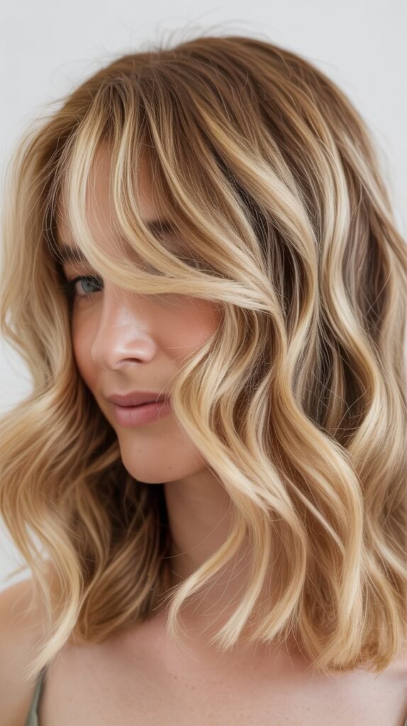 Wavy Shoulder Cut with Curtain Bangs and Highlights