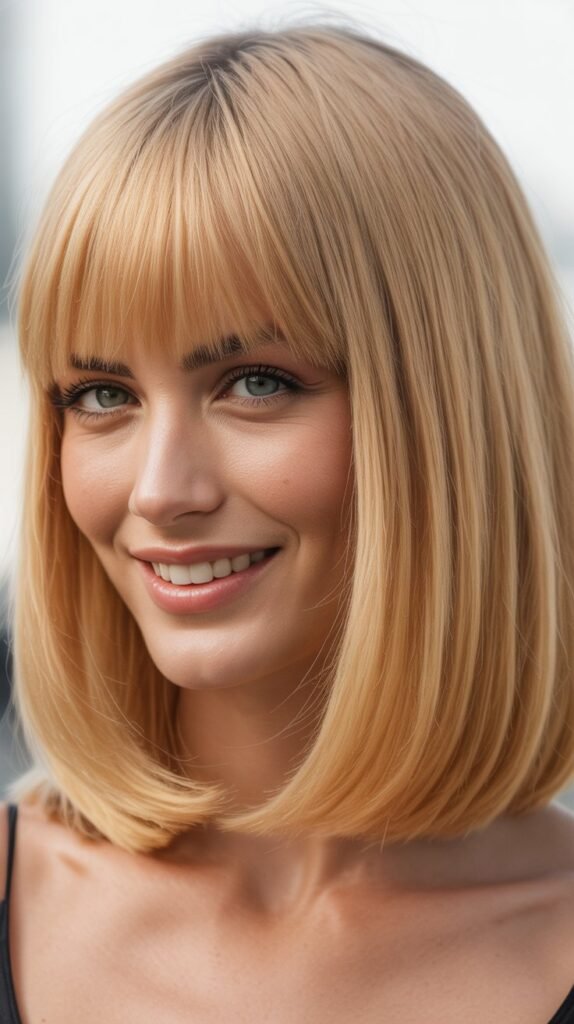 Full Straight-Across Bangs with Champagne Blonde Lob