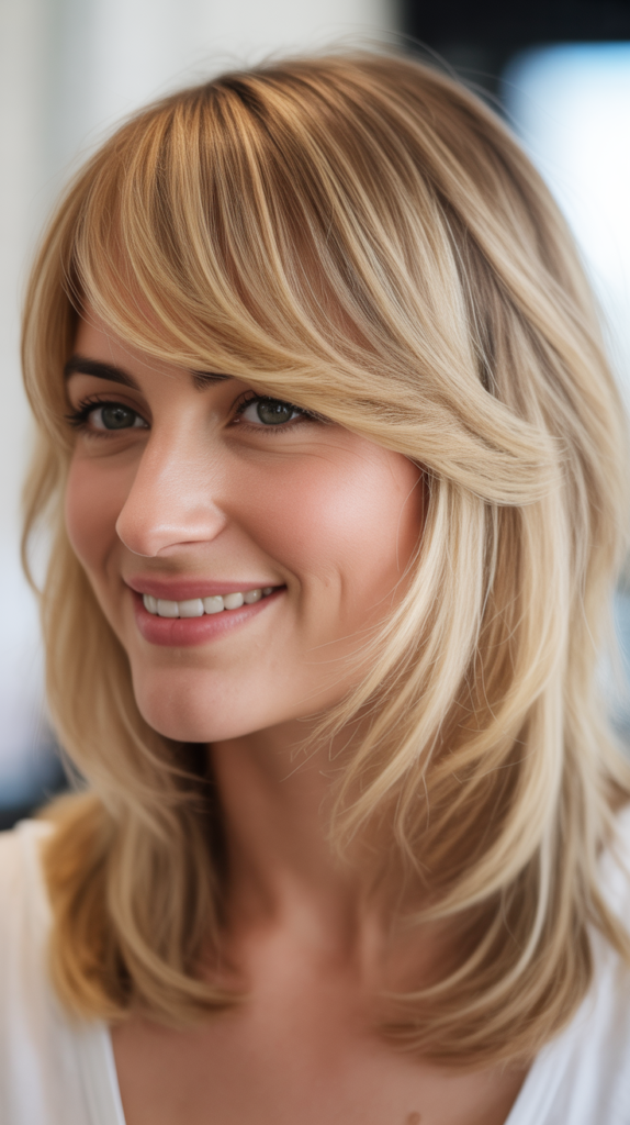 Side-Swept Bangs with Dimensional Blonde Layers