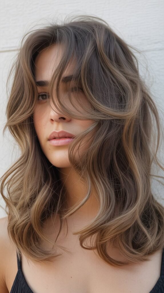 Undone Waves with Grown-In Bangs for Cool-Girl Vibe